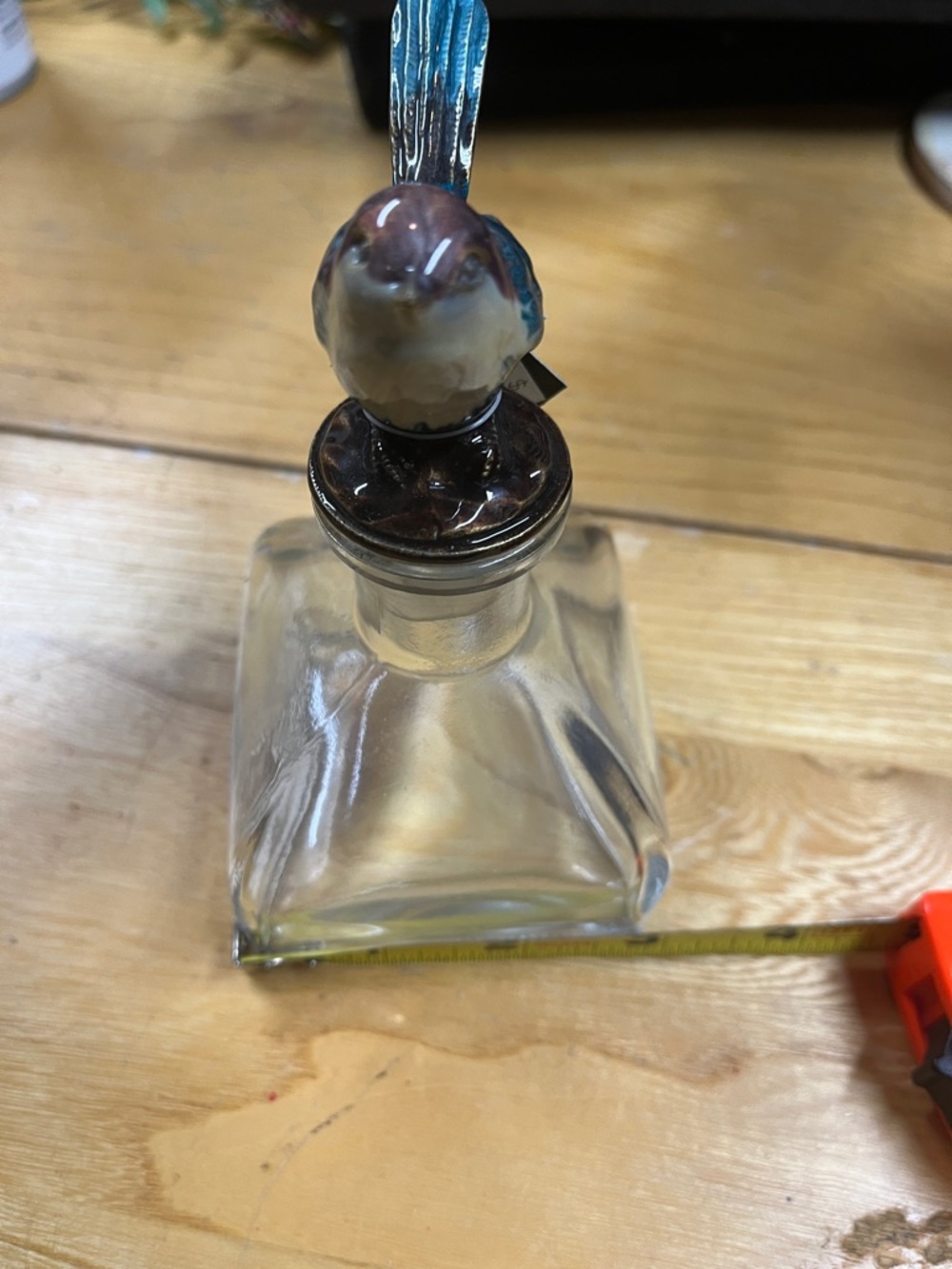 Decorative Glass Decanter with Ceramic Bird Stopper - Blue & Brown Accent